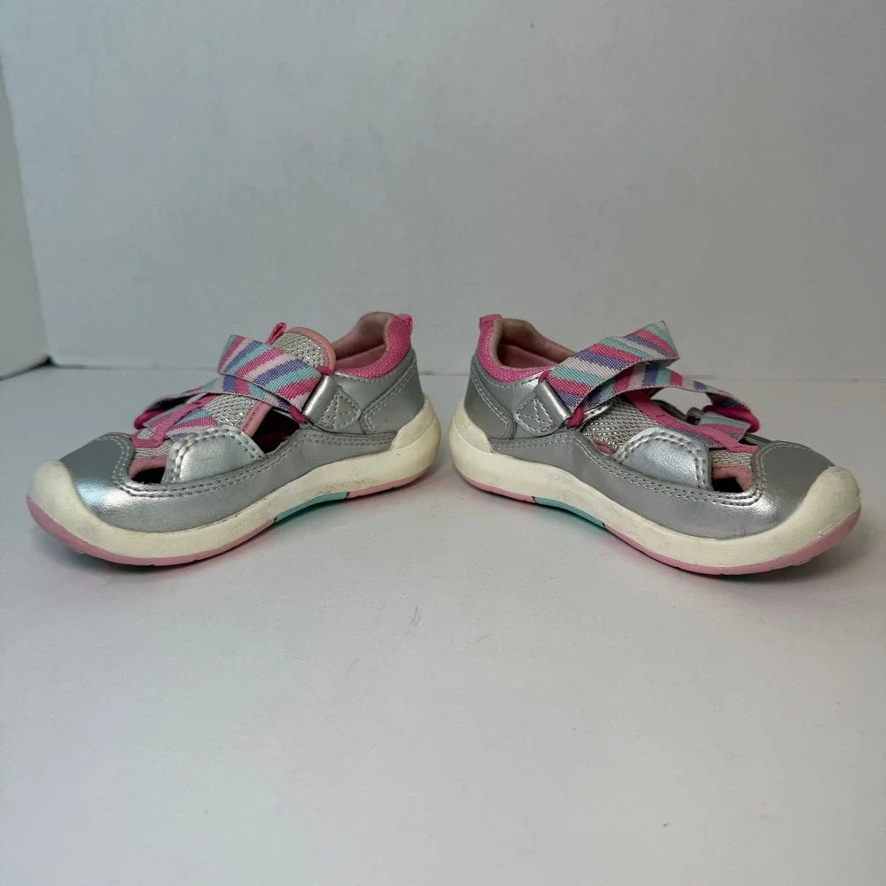 Stride Rite SRT Surf Toddler Sandals Silver Pink Striped Girls Size 6.5